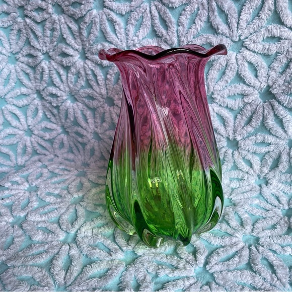Vintage Teleflora vase hand blown glass ruffle watermelon art glass vase - Picture 2 of 5